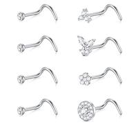 LAURITAMI Nose Studs Rings Nose Piercings Set Nose Screw Pin Thin Hoops with Bone L Shaped Opal Crystal Piercing Jewellery Surgical Steel 20G 8mm