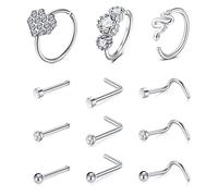 LAURITAMI Nose Studs Rings Nose Piercings Set Nose Screw Pin Thin Hoops with Bone L Shaped Opal Crystal Piercing Jewellery Surgical Steel 20G 8mm