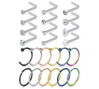 LAURITAMI Nose Studs Rings Nose Piercings Set Nose Screw Pin Thin Hoops with Bone L Shaped Opal Crystal Piercing Jewellery Surgical Steel 20G 8mm