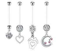 LAURITAMI Pregnancy Belly Button Rings Belly Bars Maternity Acrylic Bioflex 14/18/25/32/35/38mm 14G Long Barbells Baby Feet Dangle CZ Retainer Body Piercing Jewellery