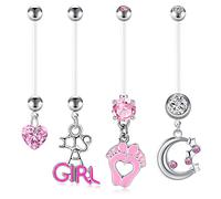 LAURITAMI Pregnancy Belly Button Rings Belly Bars Maternity Acrylic Bioflex 14/18/25/32/35/38mm 14G Long Barbells Baby Feet Dangle CZ Retainer Body Piercing Jewellery