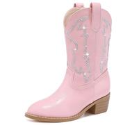 LAURMOSA - Girls Cowboy Boots, Pointed Toe Mid Calf Cowboy Boots, Western Boots for Little Big Kid, Pink Rhinestone, 21.5 cm
