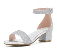 LAURMOSA Girls High Heels Sandals for Girls Open Toe Ankle Buckle Strap Dress Shoes for Little Big Kids Wedding Party Block Chunky Pump Sandals, Honorable Glitter Silver, 2 Big Kid