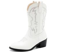 LAURMOSA Girls Pull On Cowboy Boots Cowgirl Boots Pointed Toe Mid-Calf Western Boots for Little Kids Big Kids, White with Rhinestone, 2 Big Kid