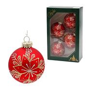 Lauschaer Christmas Tree Decorations - Set of 4 Christmas Tree Baubles in Matte Red, Hand Decorated with Glitter - Decoration in Gold and Silver with Gold Crowns, Size Diameter Approx. 6 cm