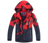 LAUSONS Kids Boys Fleece Lined Raincoat Lightweight Windbreaker Camo Outdoor Waterproof Jacket with Removable Hood Red 9-10 Years / 140cm