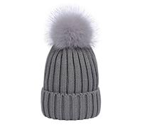 LAUSONS Women's Warm Ribbed Knit Winter Bobble Hat Faux Fur Pom Pom Beanie in Grey