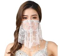 Lauthen.S Face Veil with Sequins Beads Tribal Belly Dance Halloween Accessory, White(silver Sequins), One Size