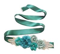 Lauthen.S Sash Belt with Flowers Pearls Rhinestone for Wedding Bride/Baby Shower Dress, Teal, One Size