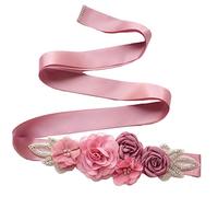 Lauthen.S Sash Belt with Flowers Pearls Rhinestone for Wedding Bride/Baby Shower Dress, Dusty Pink, One Size