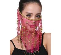 Lauthen.S Women Belly Dance Face Veil with Beads Sequins Halloween Costume Accessory, Hot Pink, One Size