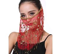 Lauthen.S Women Belly Dance Face Veil with Beads Sequins Halloween Genie Costume Accessory Red