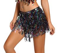 Lauthen.S Women Sequin Skirt Tassels Belly Dance Hip Scarf Sparkly Rave Fringe Wrap Skirt, Black/Rainbow Sequins, One Size
