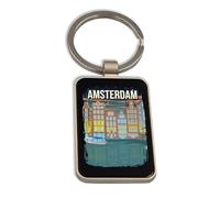 Lauthings Amsterdam Poster Canal Houses At Night Netherlands, Steel Keychain, Black Glass Key Ring, Tag