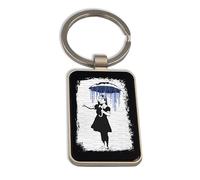 Lauthings Banksy Girl With Umbrella in the Rain, Steel Keychain, Black Glass Key Ring, Tag