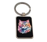 Lauthings British Longhair Cat Portrait, Steel Keychain, Black Glass Key Ring, Tag
