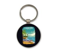 Lauthings Cancun Mexico Travel Souvenir, Keychain, Glass Round Design, Custom Keyring
