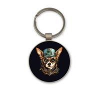 Lauthings Chihuahua Dog Steampunk Art Fashion, Keychain, Glass Round Design, Custom Keyring