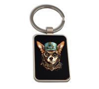 Lauthings Chihuahua Dog Steampunk Art Fashion, Steel Keychain, Black Glass Key Ring, Tag