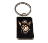 Lauthings Chihuahua Steampunk Dog Dad Mom, Steel Keychain, Black Glass Key Ring, Tag