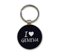 Lauthings I Love Geneva Travel City Switzerland Keychain, Black Glass Circle Design, Custom, Steel Keyring