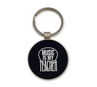 Lauthings Music Is My Teacher Guitar Pick Keychain, Black Glass Circle Design, Custom, Steel Keyring