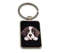 Lauthings Newfoundland Dog Cartoon Cute Puppy, Steel Keychain, Black Glass Key Ring, Tag