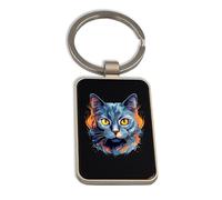 Lauthings Russian Blue Cat Portrait, Steel Keychain, Black Glass Key Ring, Tag