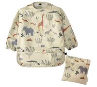 Lautoki Waterproof Baby Bib + Carry Bag | 12-36M Waterproof Bib with Sleeves | Kangaroo Pocket and Elastic Cuffs | Baby Bib Waterproof | BLW | Baby Bib, Savannah, One Size