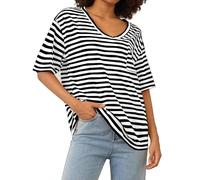 LAUWEE Womens Oversized Striped T Shirts Short Sleeve V Neck Casual Loose Fit Tees Colour Block Drop Shoulder Summer Tops with Pocket (Black White, S)