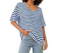 LAUWEE Womens Oversized Striped T Shirts Short Sleeve V Neck Casual Loose Fit Tees Colour Block Drop Shoulder Summer Tops with Pocket (Blue White, S)