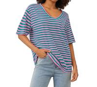 LAUWEE Womens Oversized Striped T Shirts Short Sleeve V Neck Casual Loose Fit Tees Colour Block Drop Shoulder Summer Tops with Pocket (Pink Green, L)