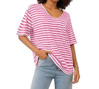 LAUWEE Womens Oversized Striped T Shirts Short Sleeve V Neck Casual Loose Fit Tees Colour Block Drop Shoulder Summer Tops with Pocket (Pink White, L)