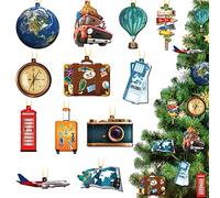 Lauwell 48 Pieces Christmas Travel Ornaments Tree Luggage Wood World Map Airplane Suitcase Camera Ticket Ornament Signs for Holiday Decor