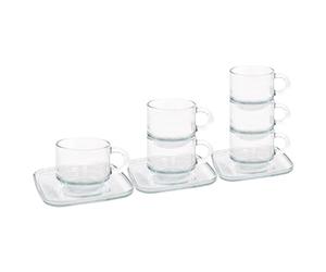 LAV 12pc Clear 90ml Cozy Stacking Glass Espresso Cups & Saucers Set - Latte Tea Hot Chocolate Cappuccino Espresso Drinking Mugs Glasses