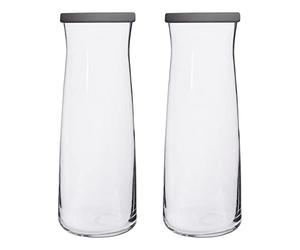 LAV 2x Grey Lid 1.2L Vera Glass Carafe - Water Wine Juice Fridge Storage Pitcher Jug Set | Bedside Laundry Dispenser Bottle Jar