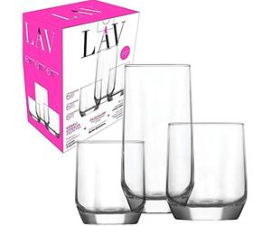 LAV Set of 18 Drinking Glasses 3 different sizes 385 ml, 310 ml, 210 ml. Water glasses for cold Drinks, Cocktails, liquors, spirits tumbler for the summer