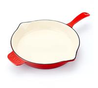 Lava Enameled Cast Iron Ceramic Skillet with Side Drip Spouts - 11 inch Round Frying Pan with White Ceramic Enamel Coated Interior - Edition Series (Red)