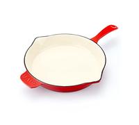 Lava Light-Colored Sand Enameled Cast Iron Skillet with Side Drip Spouts - 12 inch Round Frying Pan with Glossy Sand-Colored Three Layers of Enamel Coated Interior (Red)