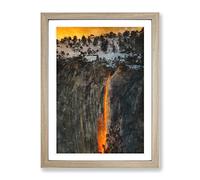Lava Red Waterfall In Yosemite Painting Modern Framed Wall Art Print, Ready to Hang Picture for Living Room Bedroom Home Office Décor, Oak A4 (34 x 25 cm)