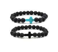 Lava Rock Stone Beaded Bracelet, Cross Charm Natural Volcanic Stone beads Turquoise Stretch Bracelet for Women Men Religion Jewelry Pray Baptism Gift, M, Stone, Lava Stone
