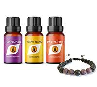 Lava Stone Aromatherapy Purple Diffuser Bracelet and Stress Essential Oils Set - Pure Lavender, Ylang Ylang & Patchouli Oil 10ml