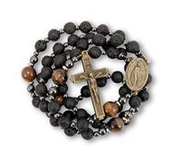 Lava Stone Black Rosary Beads for Men, Catholic Rosary Necklace with Saint Medal & Cross, Yellow Tiger Eye Beads Strong Rosary Cross Necklace in Portable Gift Box, 52cm, Stone, No Gemstone