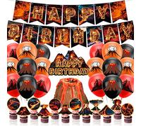 Lava Volcano Birthday Decorations - Banner, Cake Cupcake Toppers, Balloons for Science Dinosaur Luau Hawaiian Party