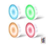 LAVAED 4 Pack RGB+W 16 Color Changing Puck Lights with Remote Control 12LEDs Dimmable Closet Lights,600mAh USB Rechargeable Display Cabinet Lights,Christmas Lights