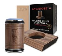 LavaRose Rolling Knife Sharpener Walnut - Premium Solid Walnut Base & Roller, 15°/20° Magnetic Angles, Diamond & 3000 Grit Discs, Real Leather Strop Included
