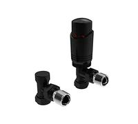 LavaTap Matt Black Angled TRV Radiator Valves, Thermostatic & Lockshield | Twin Pack with 20mm Extension Tails, 7 to 32C Temperature Control, Powder Coat Finish, Fits 15mm Pipe (10mm Needs Adaptor)