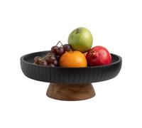 LAVAUK Mango Wood Fruit Bowl, Decorative Black Bowl with Natural Finish Pedestal | 12" Dia | Dual Tone Look | Use as Centerpiece for Kitchen Counter or Dining Table (Black)
