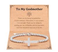 LAVEIR Adjustable Metal Bead Bracelet with Zircon Cross Charm and Blessing Card - Godmother Gift, Includes Christmas, Mother's Day & Birthday Options from Godchild, S, Metal, no gemstone