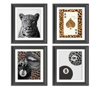 laveliabel Preppy Leopard Wall Art Prints Set of 4 Unframed, Black White Leopard Cheetah Wall Decor, Trendy Preppy Lucky 8 Ball Lips Cheetah Poster Print for Home Girls Dorm Room WallDecor 8x10inches